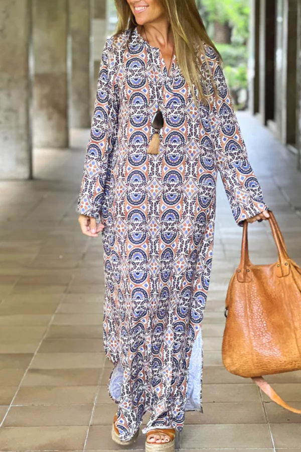 Slit Printed Loose V-neck Long Dress