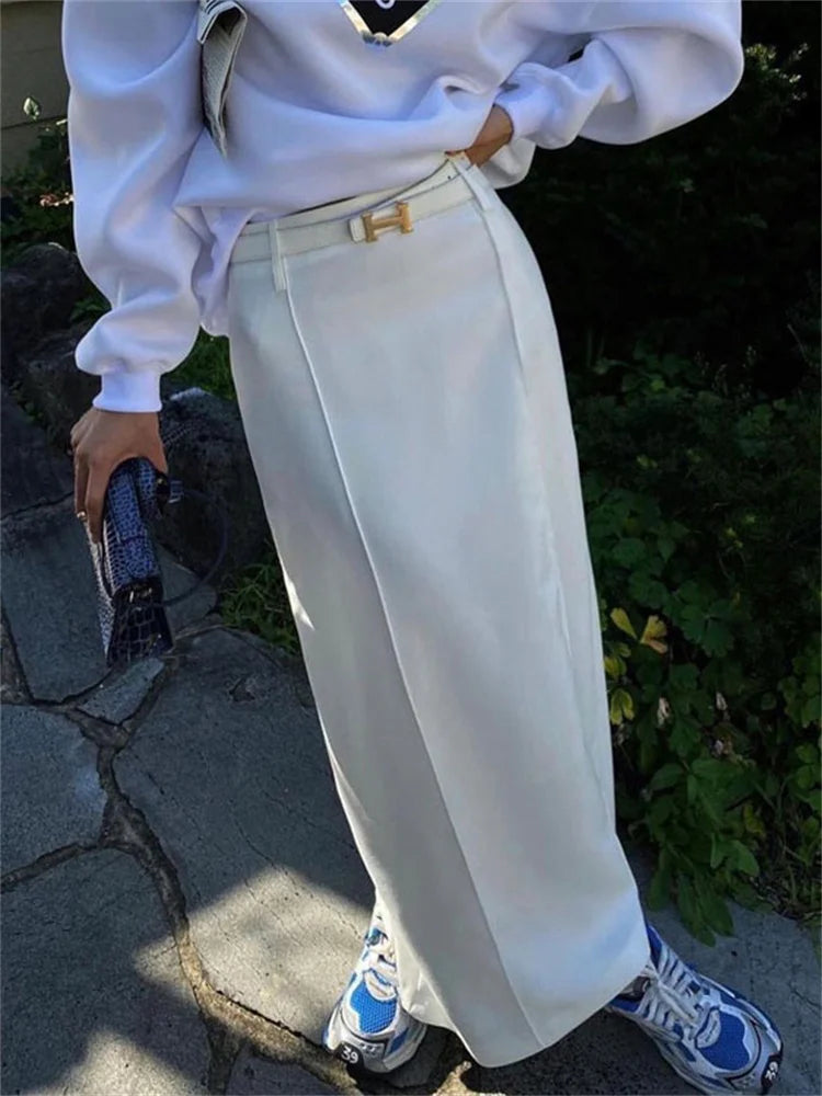 White High Waist Patchwork Long Skirt for Loose Pocket Summer Female Maxi Skirt