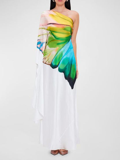 Long Sleeves Loose Asymmetric Flower Print One-shoulder Maxi Dresses
