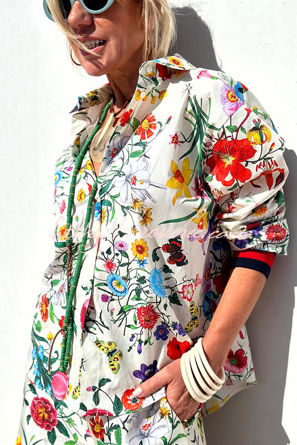 Fabulous Fiesta Satin Unique Print Button Down Oversized Blouse