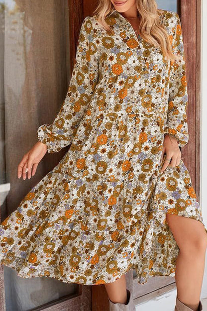 Print Loose Long Sleeve Midi Dress