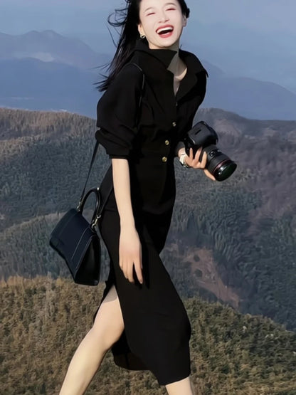 New Spring Summer Midi Dress Short Sleeve Office Lady Vestidos Split Korean Clothing