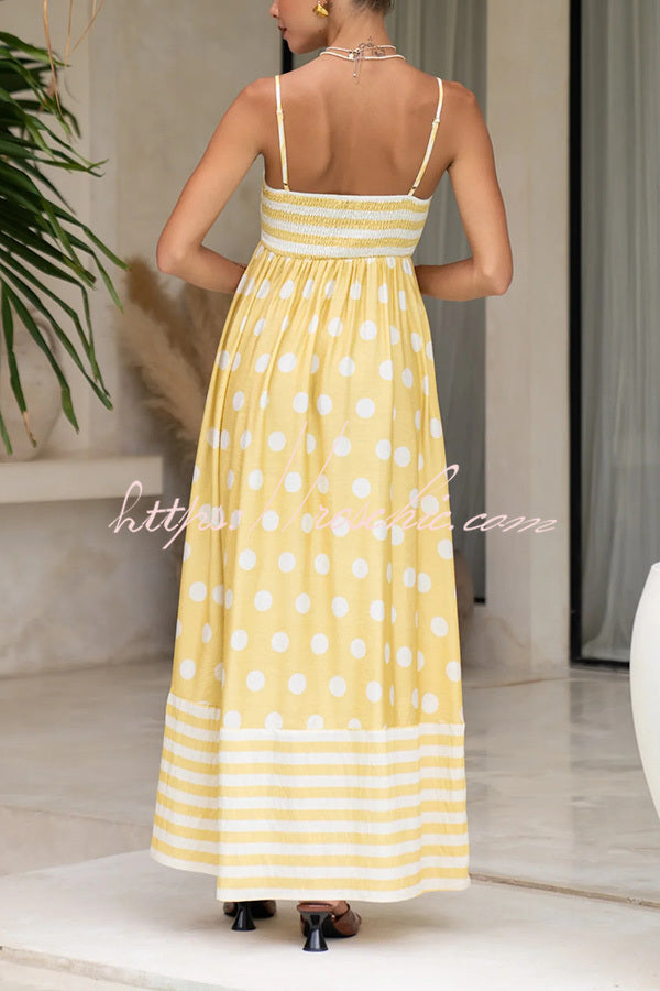Striped Polka-dot Print Sling Pleated Open-back Maxi Dress