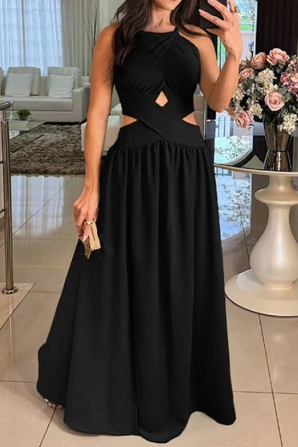 Color Cross Tie Backless Maxi Dress