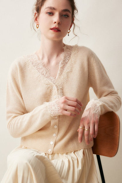 Cashmere Lace-trimmed V-neck Knit Cardigan
