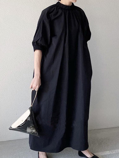 Loose Puff Sleeves Pleated Split-joint Zipper Stand Collar Maxi Dresses Shirt Dress