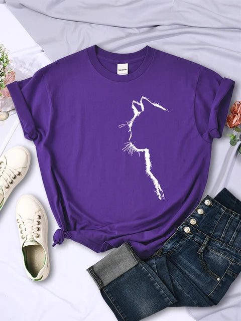 Simple Strokes of Cat Funny Printed T-shirt Short Sleeve O-neck Personality Street Tee Clothing Summer Tops