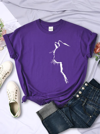 Simple Strokes of Cat Funny Printed T-shirt Short Sleeve O-neck Personality Street Tee Clothing Summer Tops