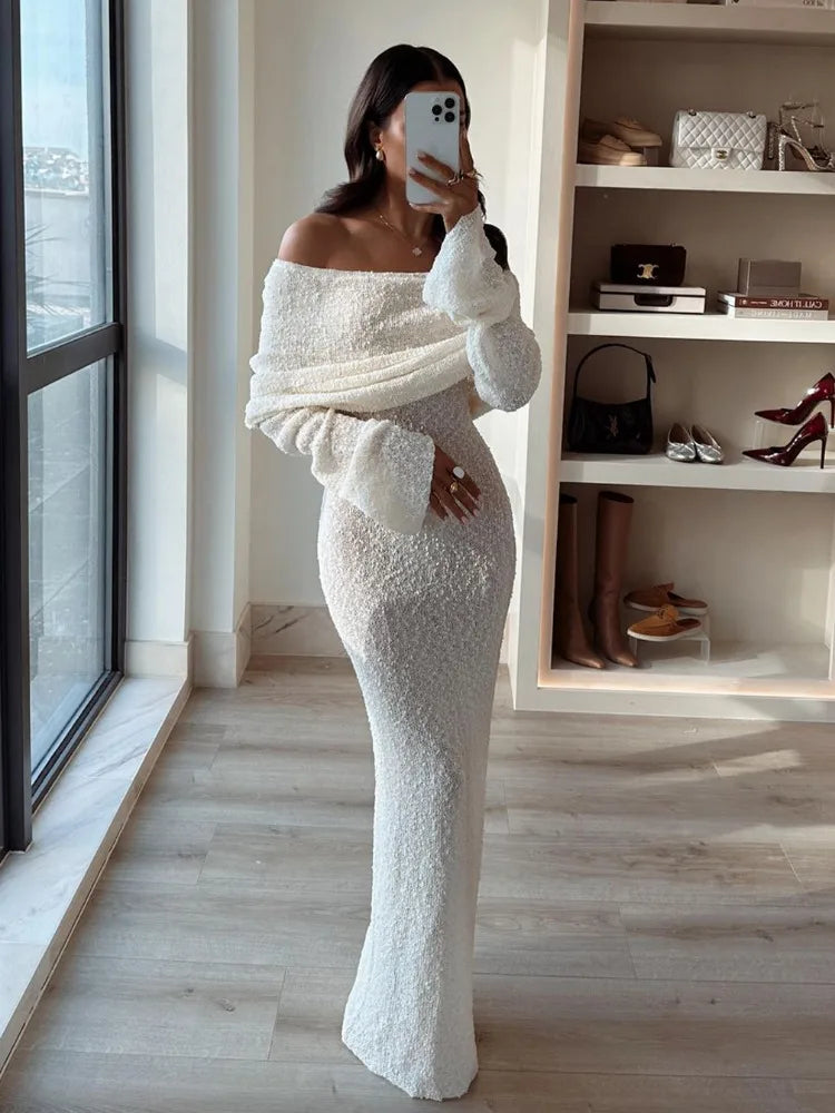 Knit Hollow Out Off-shoulder Maxi Dress Female Cover Up Loose Long Sleeve Holiday Beach Party Dress Knitwear Dress