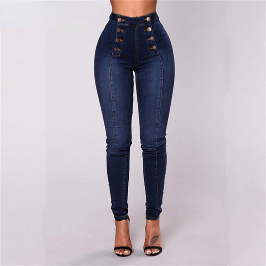 Skinny Double-breasted High Waist Pencil Jeans Slim Fit Stretch Denim Pants Full Length Denim Tight