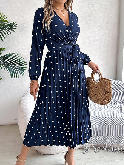 A-line High Waisted Elasticity Pleated Polka-dot Split-joint Tied Waist V-neck Midi Dresses Shirt Dress