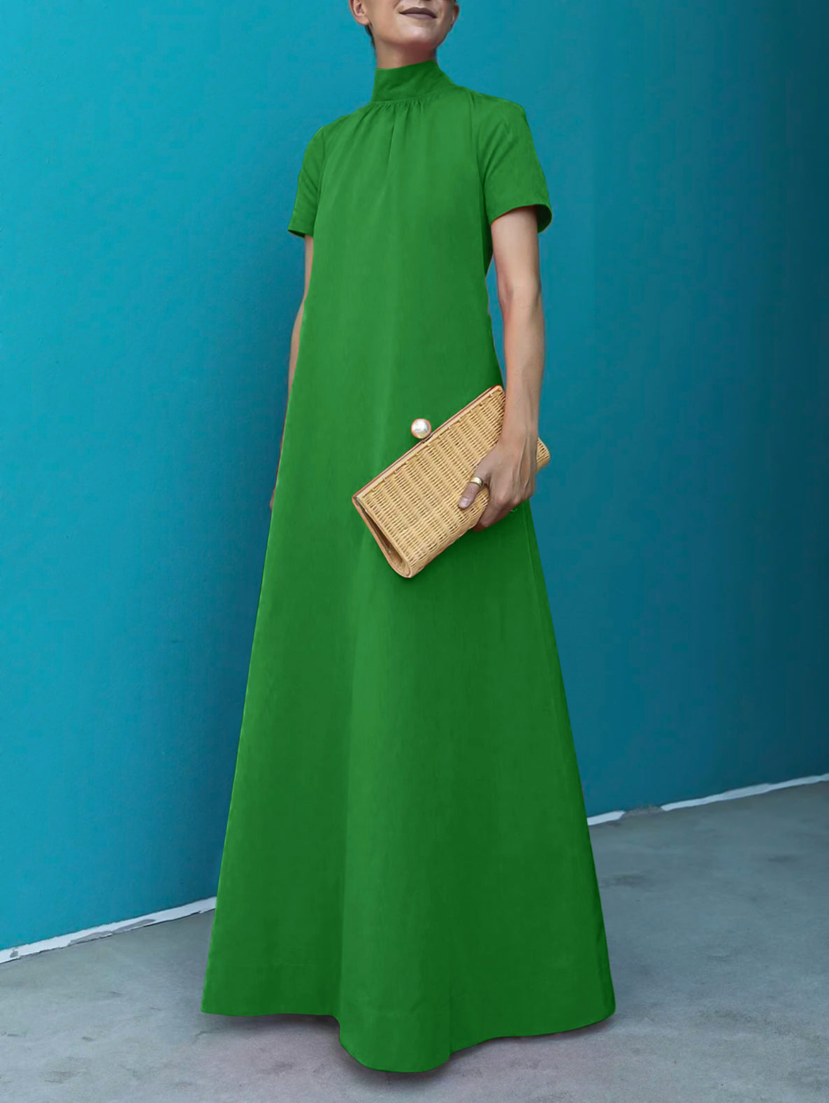 Loose Short Sleeves Color High-neck Maxi Dresses
