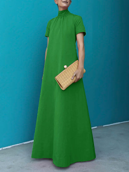 Loose Short Sleeves Color High-neck Maxi Dresses