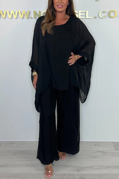 Color Round Neck Loose Bat Sleeve Top and Elastic Waist Wide Leg Pants Set