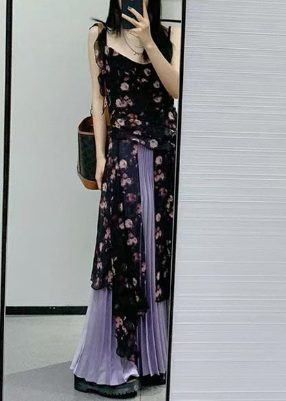 Black Ruffled Print Chiffon Two-piece Set Sleeveless Qp030