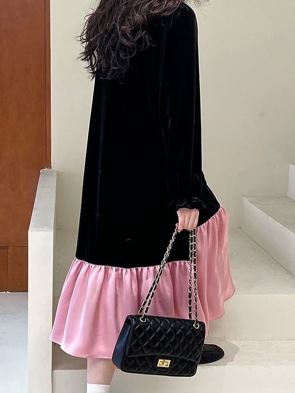 Flared Sleeves Long Sleeves Contrast Color Pleated Ruffled Split-joint Velvet Round-neck Midi Dresses