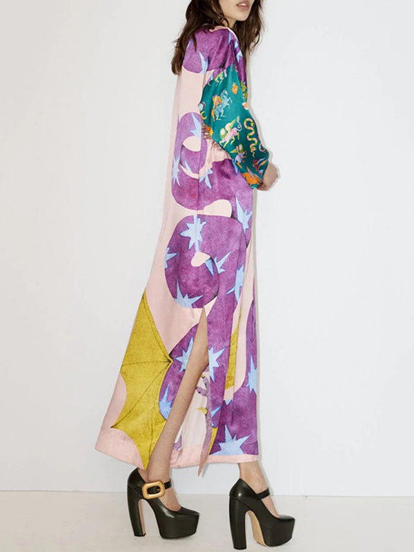 A-line Long Sleeves Printed Split-side Round-neck Maxi Dresses