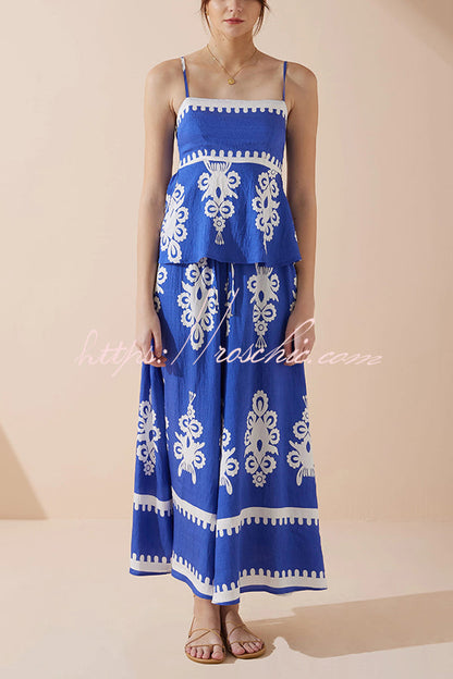Unique Print Suspender Pleated Top and Elastic Waist Loose Wide-leg Pants Set
