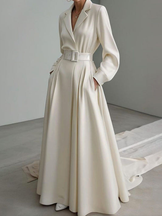 Long Sleeves Loose No Belt Color Notched Collar Maxi Dresses