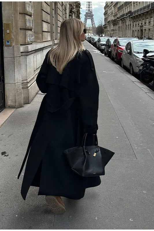 Turn-down Collar Double-breasted Long Overcoat