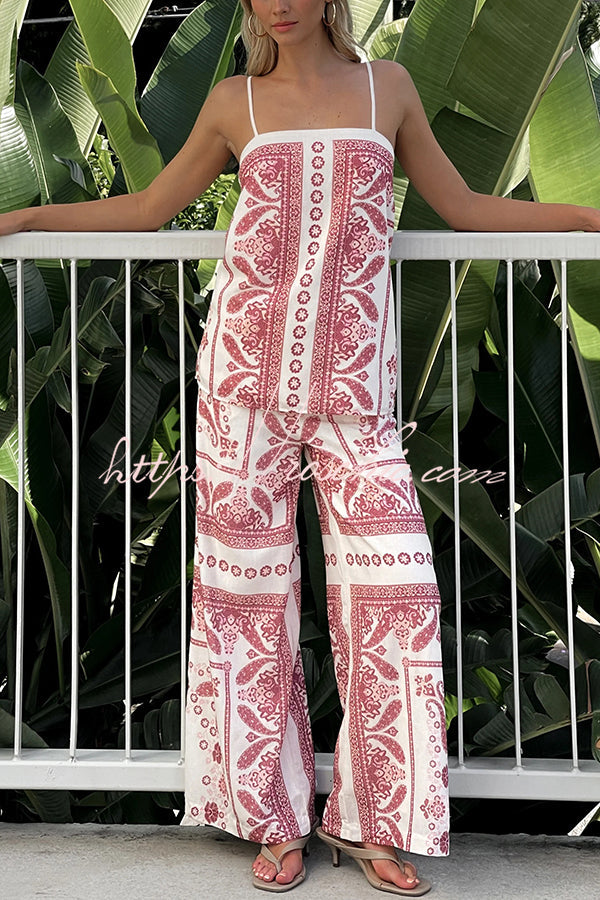 Unique Print Loose Tank Top and Elastic Waist Wide Leg Straight Pants Set