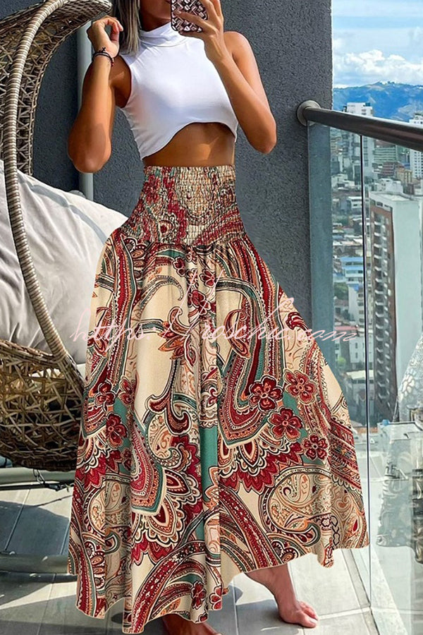 Unique Printed Pleated Elastic Waist Holiday Maxi Skirt