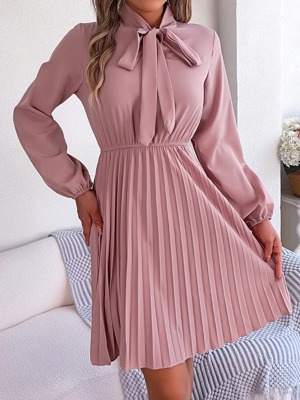 Long Sleeves Loose Pleated Color Tied Mock Neck Mini Dresses