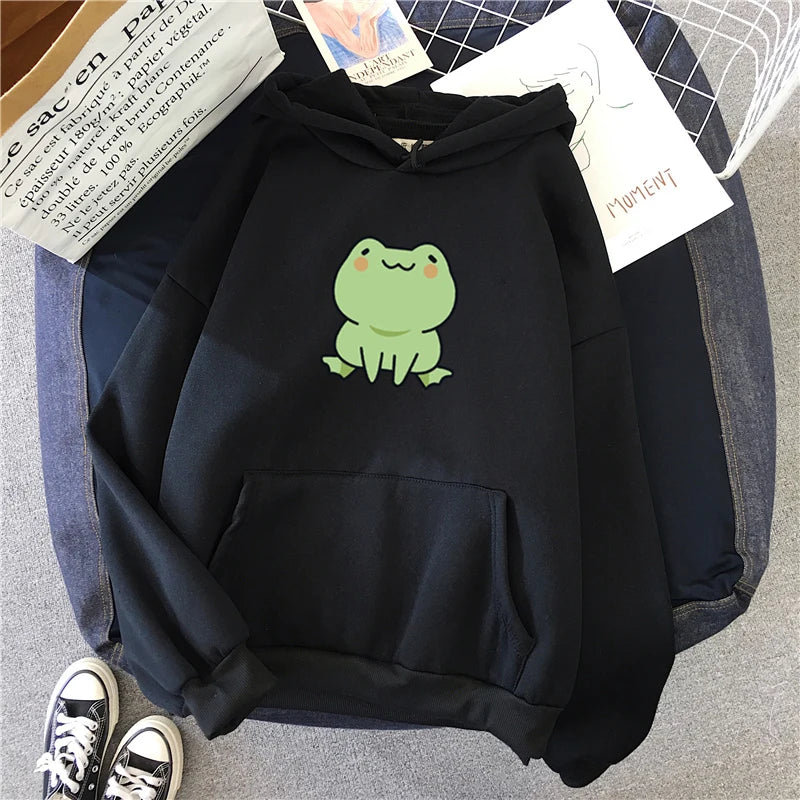 Frog Sweatshirt Cartoon Clothes Harajuku Long Sleeve Hooded Kawaii Hoodie for Winter Fleece Hoodies Pocket Green Tops