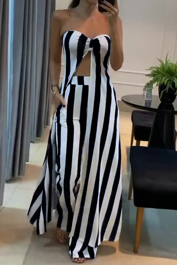 Striped Print Off-shoulder Long Top and Loose Pocket Straight Pants Set