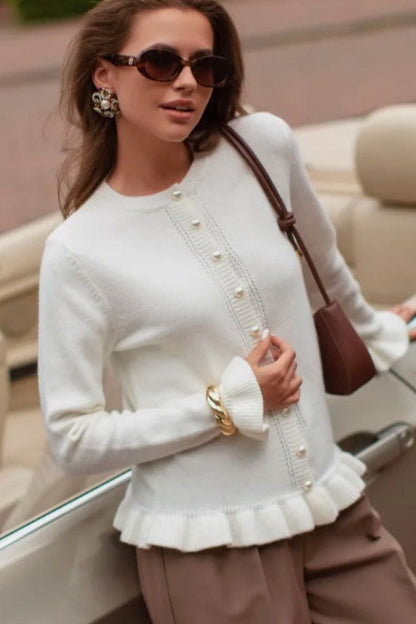 Crew Neck Layered Trim Long Sleeve Knit Cardigan