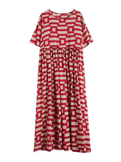 Loose Short Sleeves Plaid Round-neck Midi Dresses