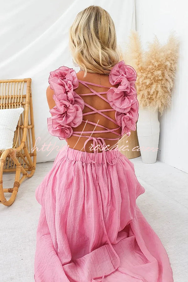 Luxe Lady Ruffle Detail Back Lace-up Elastic Waist Maxi Dress
