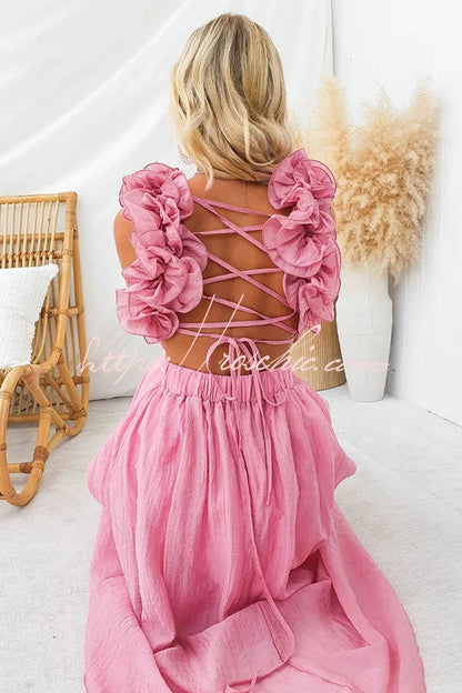 Luxe Lady Ruffle Detail Back Lace-up Elastic Waist Maxi Dress
