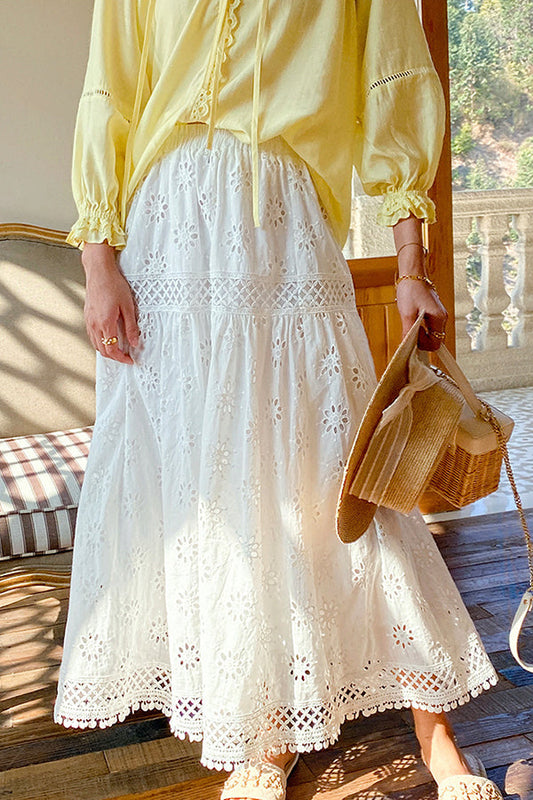 Hollow Exquisite Embroidery Cotton Skirt Romantic French Swing Skirt Female Holiday Skirt