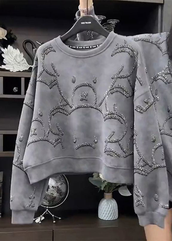 Grey O-neck Sequins Sweatshirt Fall Wd035