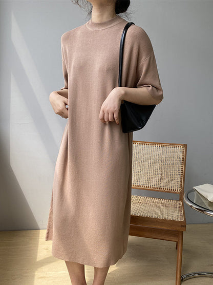 Temperament Round-neck Mauve Split-joint Short Sleeve Sweater Dress An1057