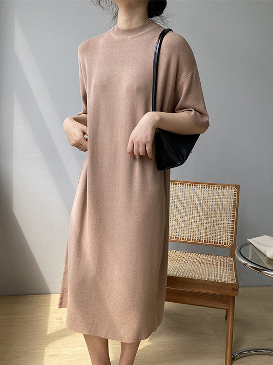 Temperament Round-neck Mauve Split-joint Short Sleeve Sweater Dress An1057
