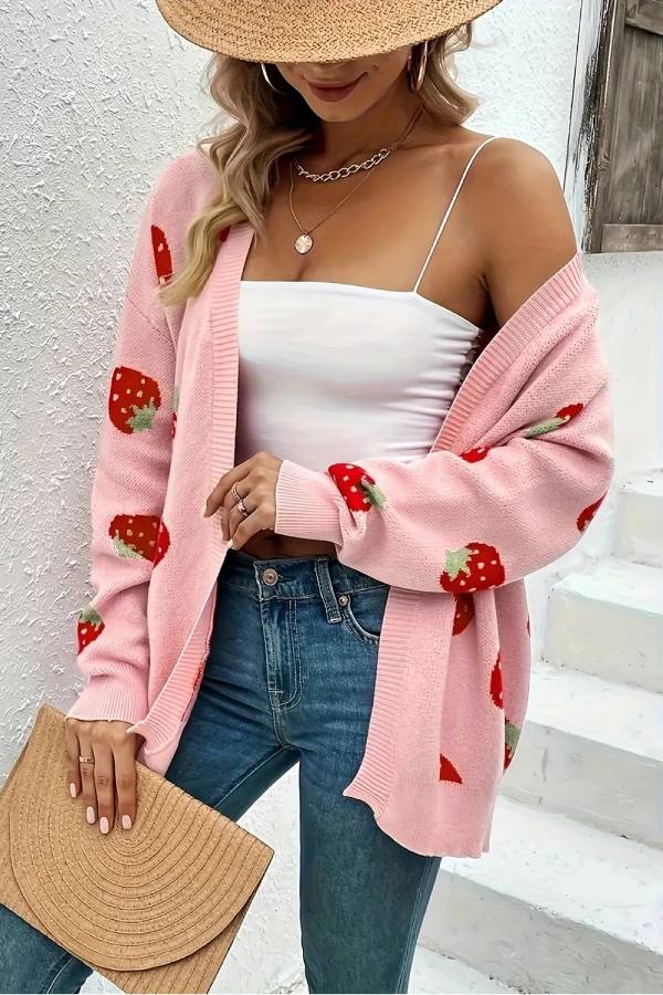 Pink Strawberry Pattern Knit Cardigan