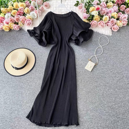 Round Neck Purple Ruffled Sleeve Maxi Dress
