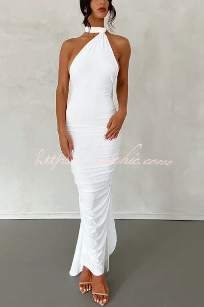 Backless Pleated Slim Color Sleeveless Maxi Dress