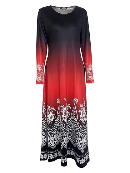 Long Sleeves Contrast Color Printed Round-neck Maxi Dresses