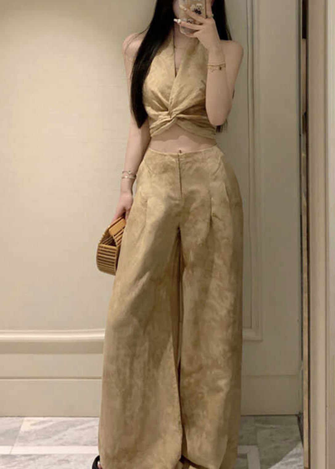 Original Design Halter Print Wrinkled Vest and Wide Leg Pants Two Pieces Set Sleeveless An1008