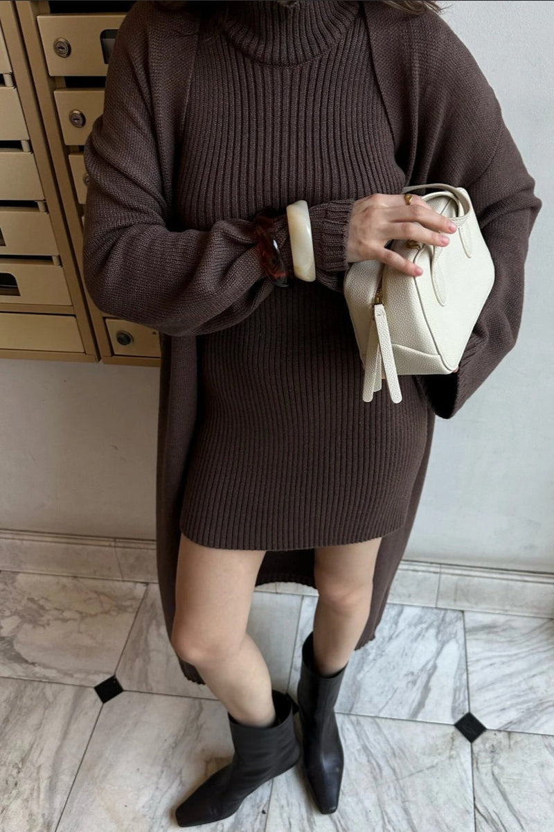 Knit Tank Dress Fitted Long Cardigan Two Piece Set