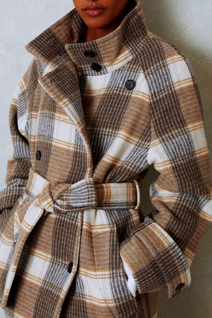 Color-block Plaid Wool Blend Tie Waist Winter Coat