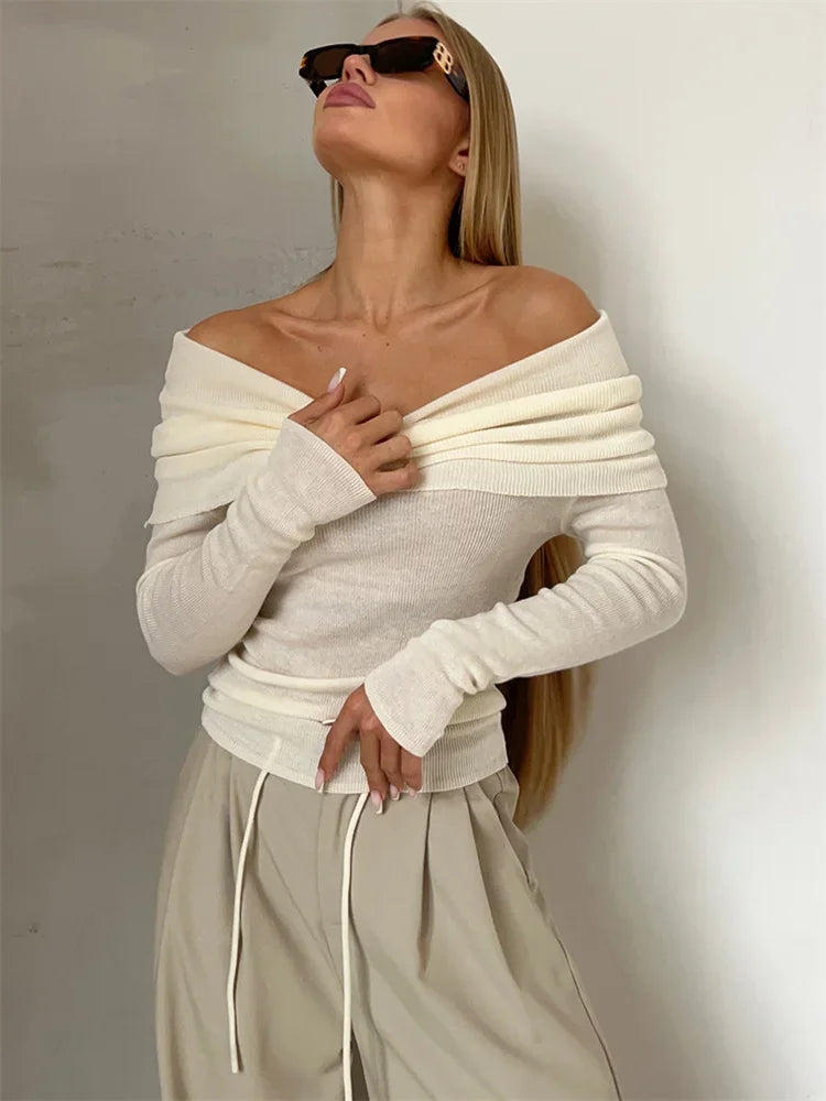 Off-shoulder Knit Pullover Sweater for Mesh See-through Long Sleeve Backless Y2k Top Knitwear Pullover