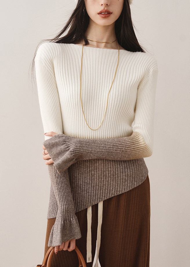 White Gradient Slash Neck Slim Knit Sweaters Fall Ws018