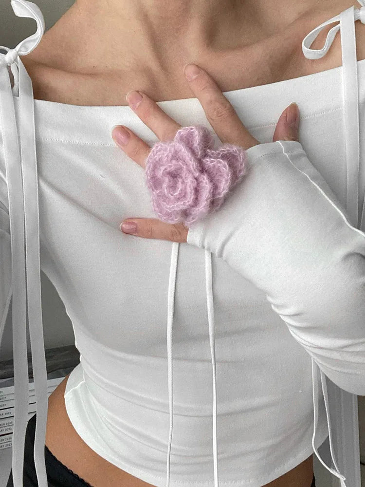 Bow Off Shoulder Skinny Tops for Autumn Winter Y2k Long Sleeve T-shirts Basic