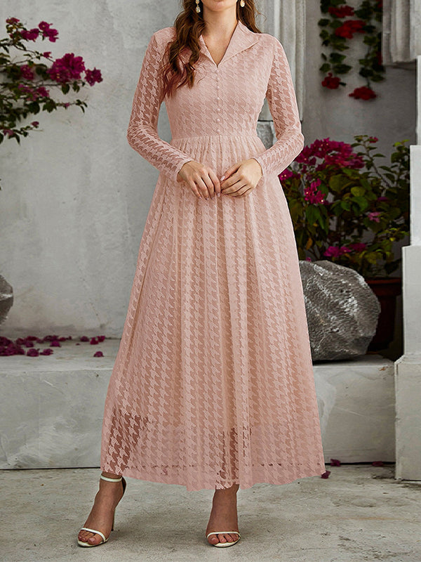 High Waisted Long Sleeves Buttoned Gauze See-through Color V-neck Maxi Dresses