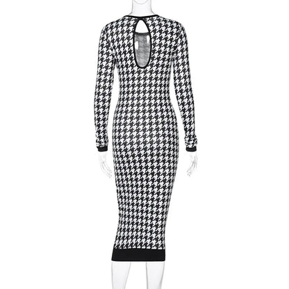Houndstooth Print Long Sleeve Midi Dress Hollow Out Bodycon Autumn Winter Club Slim