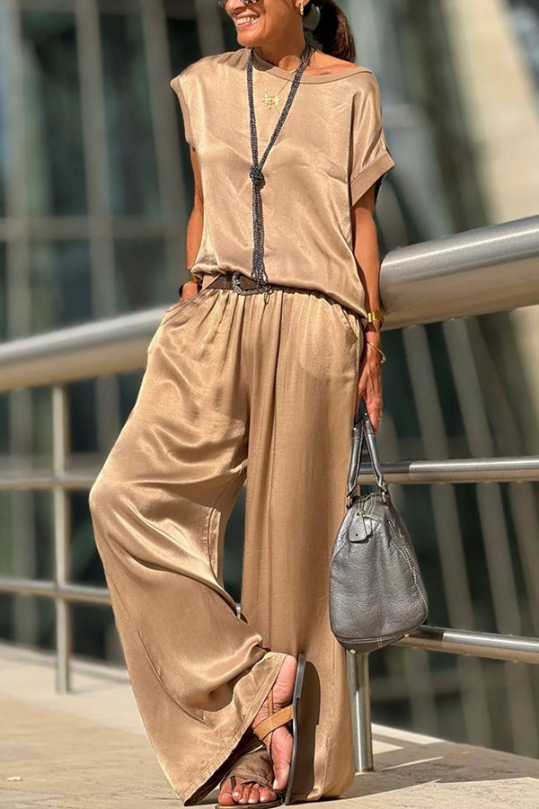 Satin Color Loose Short-sleeved Top and Elastic Waist Lace-up Pocket Wide-leg Pants Set